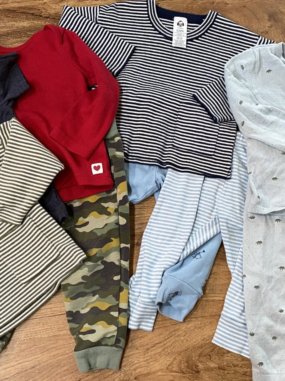 Lot of 9 Shirts and Pants-Stripes/Camo/Pooh--12 Months